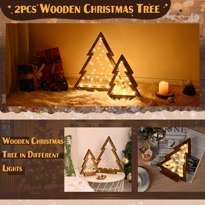 Modern Farmhouse Wooden Christmas Tree Set of 2 with Lights for Tabletop Mantel & Shelf Bedroom Decor Perfect Gift
