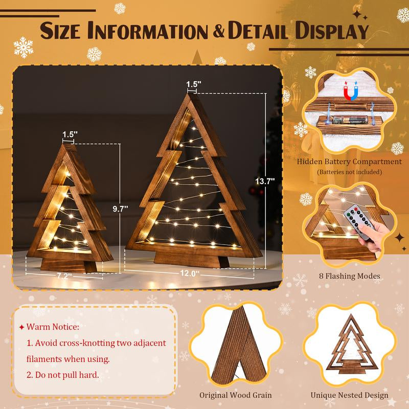 Modern Farmhouse Wooden Christmas Tree Set of 2 with Lights for Tabletop Mantel & Shelf Bedroom Decor Perfect Gift