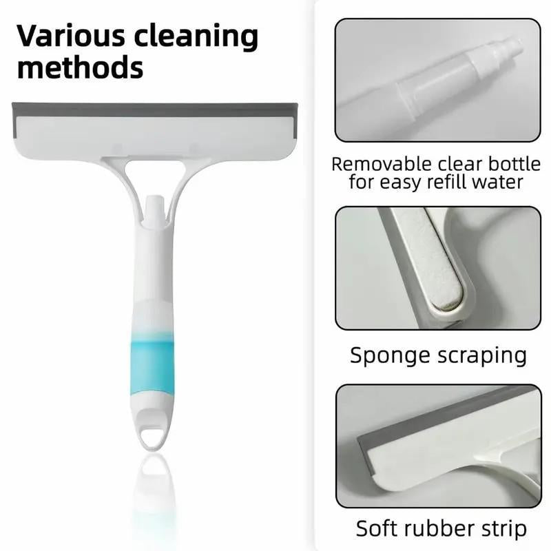 3 in 1 Window Cleaning Scraper, Squeegee and Scrubber with Spray, Multifunctional Household Cleaning Tool, Car Windshield Cleaner,Lightweight Silicone Microfiber Wipe